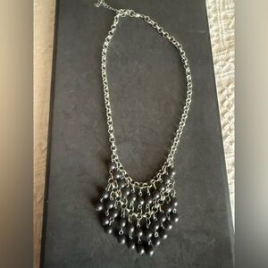Silver Chain Necklace with Black Bead Fringe
